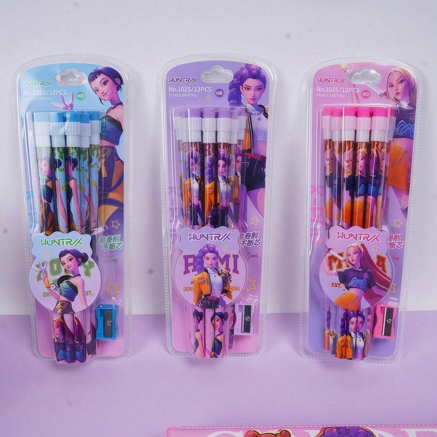 12pcs K-POP 2025 Witch Hunting Girl Group 2B Pencils, Cartoon K-POP Style, With 1 Pencil Sharpener, Learning Pencils, K-POP Stationery - Multicolor - View 1