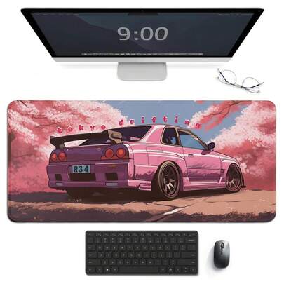 40x90厘米大型汽车游戏鼠标垫，日系JDM R34粉色樱花动漫风格，防滑橡胶桌面垫，适用于键盘和鼠标（情人节礼物款）