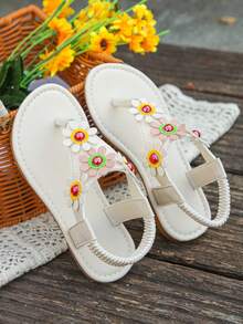1 Pair Girls' Summer Flat Sandals, Fashionable Floral Slip On Solid Color Comfortable Casual Versatile Flip Flops, Suitable For Girls' Daily Wear In Summer - White - View 5