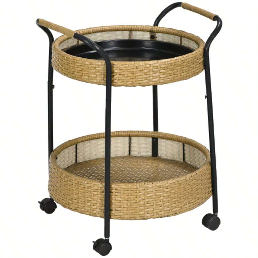 Serving Trolley, Ø50 X 66 Cm, Rattan Trolley With 2 Shelves, Garden Trolley, Round Kitchen Trolley With Handles, Outdoor Bar Trolley, Natural - C - View 1