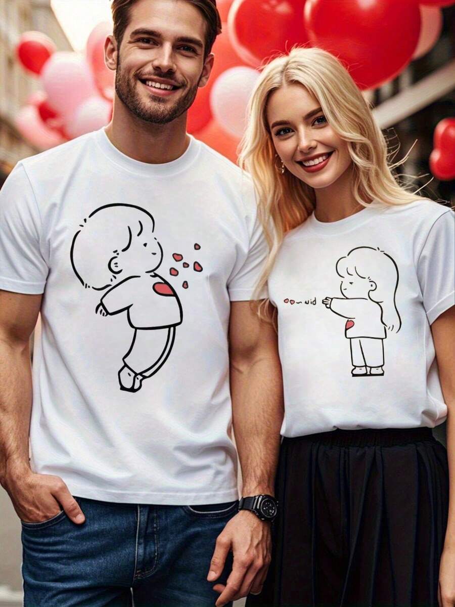 Playeras de pareja dibujos de chico y chico lanzando besos,Camiseta De Algodón Puro Playeras Para Parejas,nacional Envio - Blanco - Ver 1
