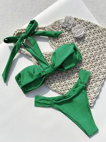 Women's Solid Color Criss-Cross Strap Bikini Set. The Strap Design Creates A Unique Collarbone Line, And The High-Waisted Bottom Accentuates The Curves. Vacation Beach Summer - Green - View 2