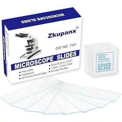 Blank Glass Microscope Slides And Covers - Ground Edges & 45° Clipped Corners, High-Clarity, Pre-Cleaned, 50 Slides & 100 Coverslips, Microscope Accessories For Experiments & Analyses