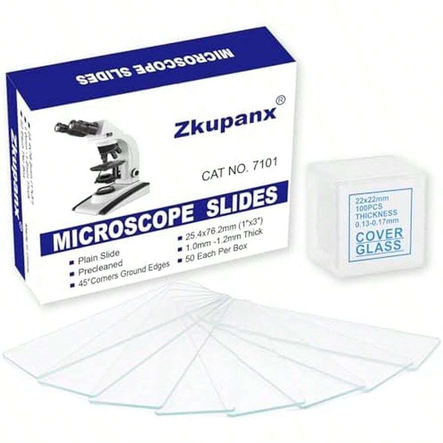 Blank Glass Microscope Slides And Covers - Ground Edges & 45° Clipped Corners, High-Clarity, Pre-Cleaned, 50 Slides & 100 Coverslips, Microscope Accessories For Experiments & Analyses - / - View 1