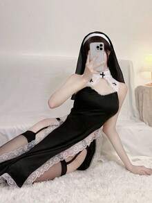Valentine's Day Women's 4-Piece Nun Dress, Headscarf, Stockings, Underwear, Skirt, Sexy Set, Sexy Nun Uniform Set, High Cross Pure Desire, Temptation, Passion Suitable For Role-Playing, Private Party, Home Wear - 黑與白 - 查看 2