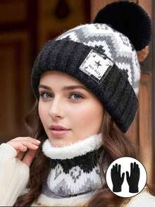 三件套针织帽围巾套装，保暖内衬毛线帽和围脖，冬季休闲羊毛防风配饰，适合作为节日礼物 - 彩色 - 查看 3