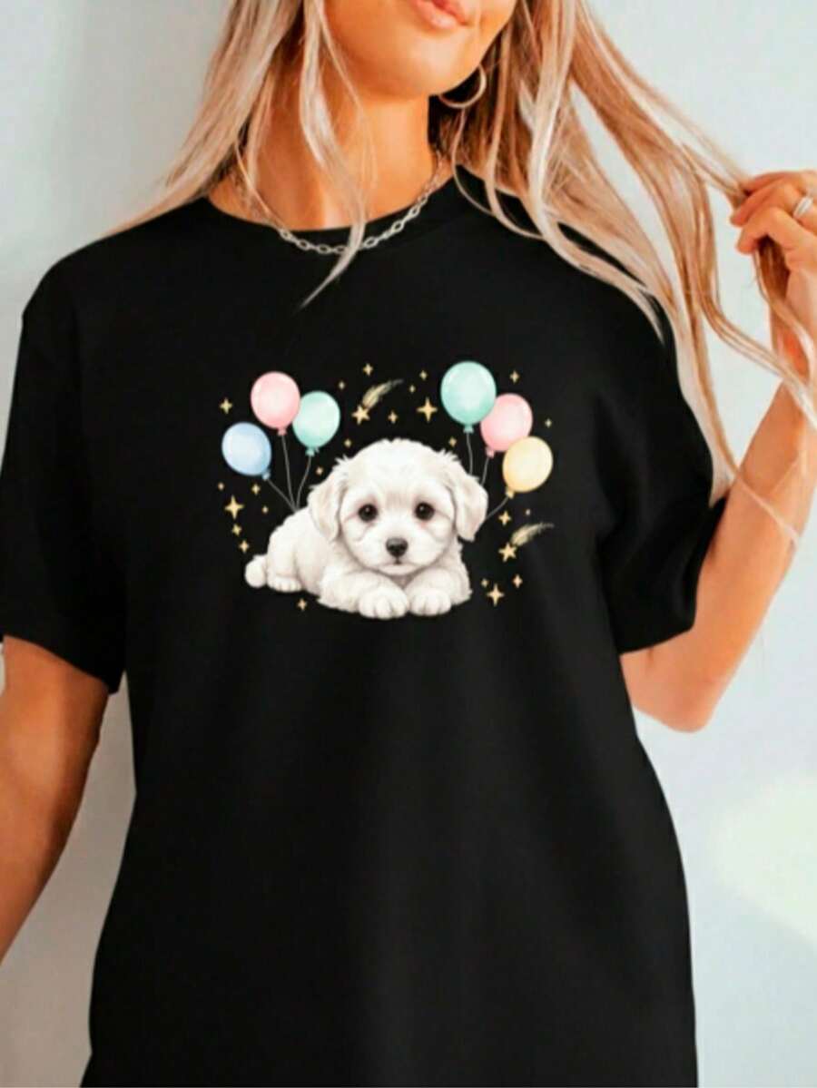 Women's Round Neck T-Shirt With Poodle Print, Fashionable Women's T-Shirt With Poodle Print, Casual Short-Sleeved T-Shirt, Women's Blouse On , Comfort For All Seasons - 黑色 - 查看 1