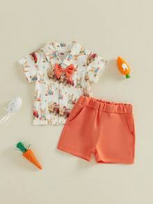 Conjunto de 2 piezas de Pascua para niños, con estampado de huevos de conejito de verano, top de manga corta con cuello vuelto y pantalones cortos - Naranja - Ver 6