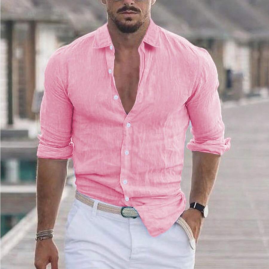 2026 New Men's Summer Cotton-Linen Collared Beach Shirt Long-Sleeve Solid Color Hawaiian Holiday Attire - Hồng - Xem 1