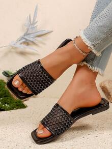 女士方头平底透气网面白色波浪缝线时尚拖鞋 - 黑色 - 查看 3