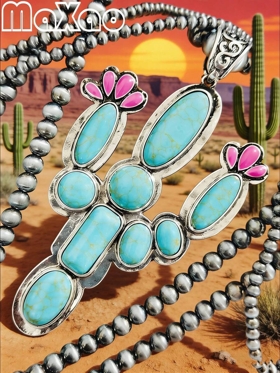 Women's Personalized Western Country-Style Oversized Cactus Pendant Necklace (New For Autumn/Winter). Inlaid With Natural Turquoise, Multi-Layered Pearl Necklace, Each Turquoise Is Unique And Full, Suitable For Multiple Wears. Pairs Well With Jeans And Casual T-Shirts For A Fashionable Look! Great For Self-Purchase Or Gift To Best Friends - Women's Western-style Oversized Cactus Pendant - View 1