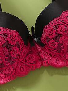 浪漫拼色性感加垫聚拢蕾丝拼接文胸，BC 罩杯女士内衣 - 紅色 - 查看 3