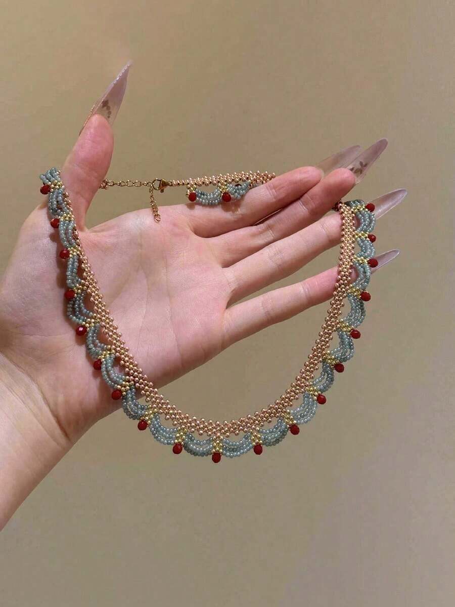 1pc Handmade Multi-Layer Beaded Necklace, Choker Necklace - Blending Vintage And Bohemian Style, Women's Jewelry, Women's, Elegant Fashion Accessory Suitable Parties And Various Formal Or Semi-Formal Social Occasions - 粉色 - 查看 1