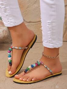 Sandálias rasteiras femininas de verão, feitas à mão com miçangas, estilo boêmio, minimalistas, perfeitas para férias na praia. - amarelo terroso - Ver 3