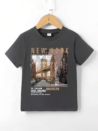 Young Boy Casual Slogan & Architecture Print Round Neck Short Sleeve T-Shirt, Summer