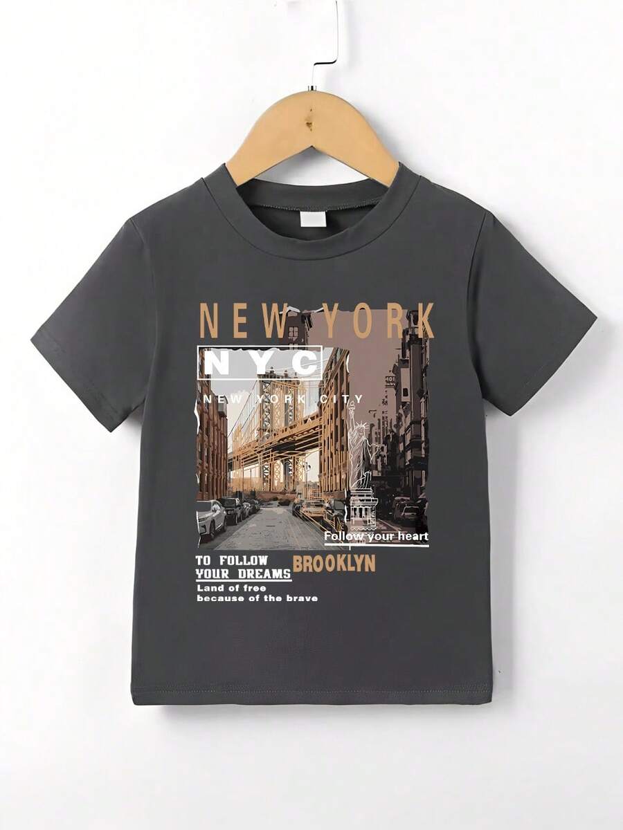 Young Boy Casual Slogan & Architecture Print Round Neck Short Sleeve T-Shirt, Summer - Grey - View 1