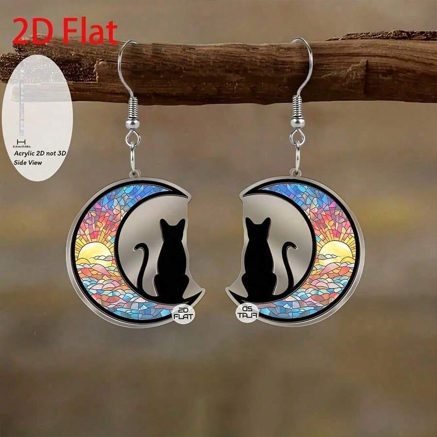 2D Flat Christmas Cat Painted Moon Pendant Earrings, Fashionable Jewelry, Party Gifts, Holiday Gifts For Family And Friends - A Pair - View 1