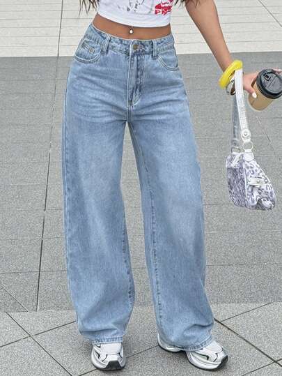 女式宽松直筒复古男友风牛仔裤