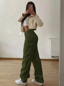 军绿色弹力腰带口袋时尚复古Y2K休闲可爱阔腿工作裤。舒适百搭，适合机场穿搭、返校季、教师节、俱乐部、生日派对、万圣节、新年、感恩节、音乐会、健身房、度假、商务、街头服饰，春、夏、秋、冬皆宜。 - 軍綠色 - 查看 4