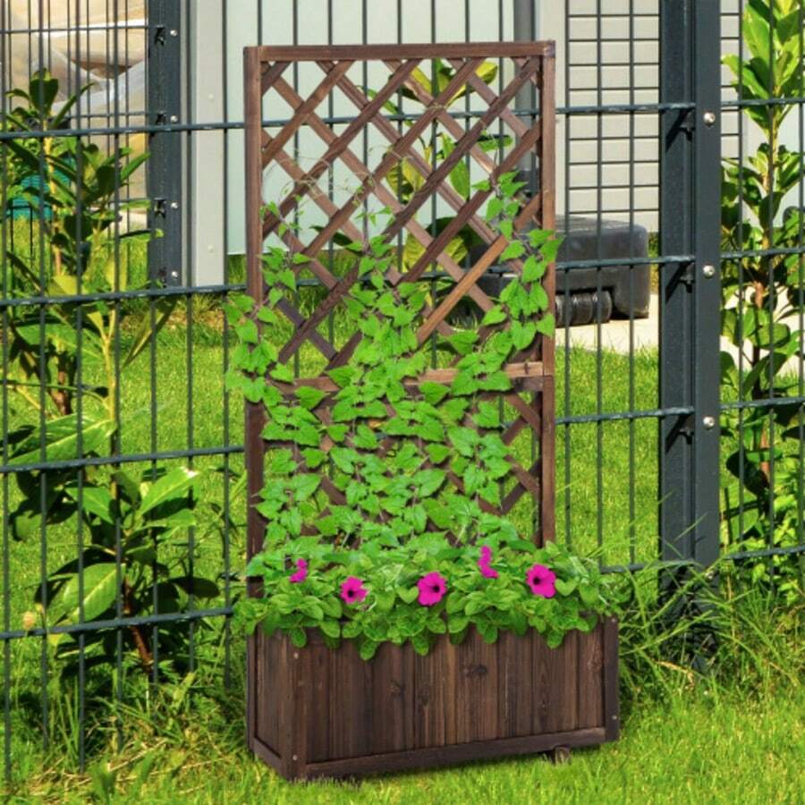 Raised Planter With Trellis, Wooden Planter 72.5 X 31.5 X 149.5 Cm, Ideal For Climbing Plants And Roses In The Garden. - Brown - View 1