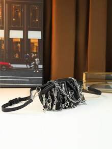 Fashion Punk Pleated Cloud Strap Zipper Chain Shoulder Crossbody Bag For Women - Black - View 6
