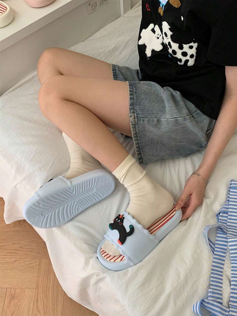 XIXITIAO 1双可爱趣味红帽黑猫蕾丝条纹可拆卸鞋垫软底拖鞋，舒适轻便创意家居拖鞋
