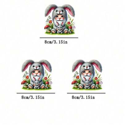 1/2/3pcs Cute Gray Rabbit With Pink Ear Pattern Durable Plastic Heat Transfer Stickers, Suitable For DIY T-Shirts, Jeans, Hoodies, Bags, Pillows (Mixed Colors), Holiday Crafts, Long-Lasting Decorative Stickers, Clothing Embellishment, Party Decoration