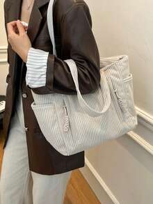 Mẫu túi xách nữ thời thượng mới năm 2026, túi đeo vai công sở dung tích lớn, thiết kế độc đáo, giản dị và đa năng, thời trang tối giản, chất liệu nhung kẻ, dây đeo vai dài, khóa kéo, rộng rãi, túi tote, túi xách nữ phong cách văn học giản dị. - trắng - Xem 3