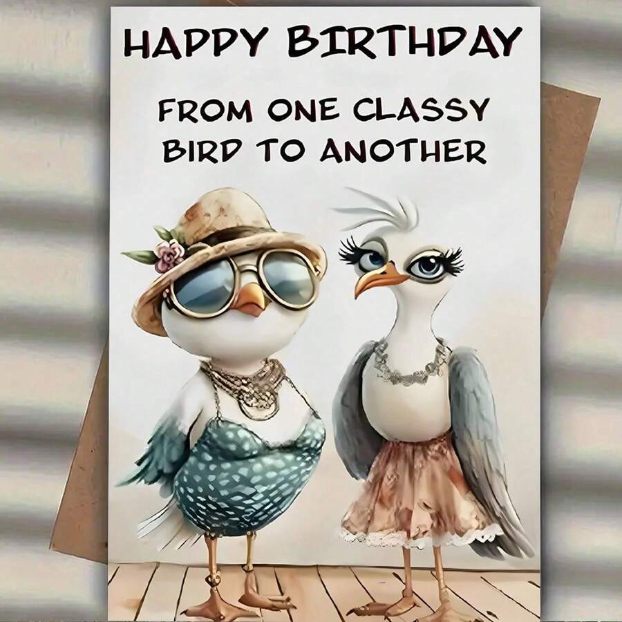 1pc Unique Bird Birthday Card, With "HAPPY BIRTHDAY FROM ONE CLASSY BIRD TO ANOTHER", Two Stylish Bird Designs, Suitable For Expressing Friendship Birthday Gifts, High-Quality Greeting Cards With Envelopes - A - View 1