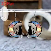 2D Flat Christmas Cat Painted Moon Pendant Earrings, Fashionable Jewelry, Party Gifts, Holiday Gifts For Family And Friends - A Pair - View 2