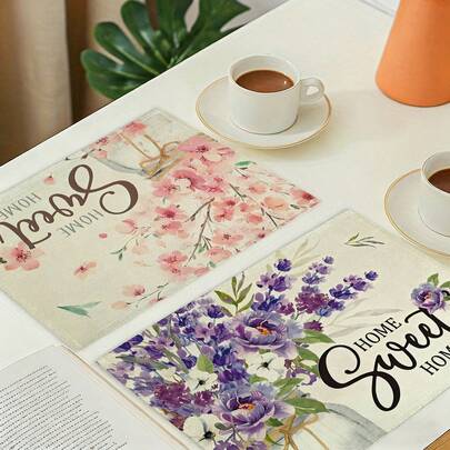 4pcs Daisy Lavender Brown Poppy Leaf Spring Placemats Set, Wildflower Tulip Fragrance Cow Cart Spring Placemats, Holiday Spring/Summer Dining Table Party Kitchen Dining Decor Placemats