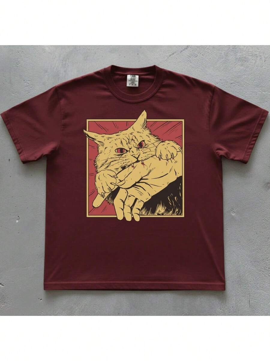 Vintage Cat T-Shirt, Retro Bite, Grunge, Authentic, Stylish, Regular Blogger Style - Maroon - View 1