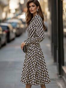 Women's Elegant Spring/Summer Plaid Print Casual Party Dress, Long Sleeve Design, Suitable For Dates - Black - View 10