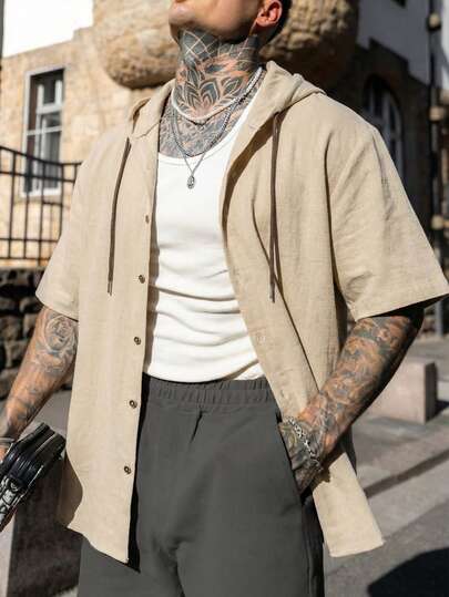 ONE WAVE 男士休闲亚麻纯色短袖连帽衫，适合日常、街头、度假、春夏穿着