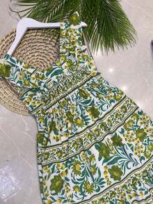Long Dress With Print, Lined, With Built-In Bra Cups, Made Of Pretty, Fashionable Crepe Fabric. - Army Green/Wasabi - View 2