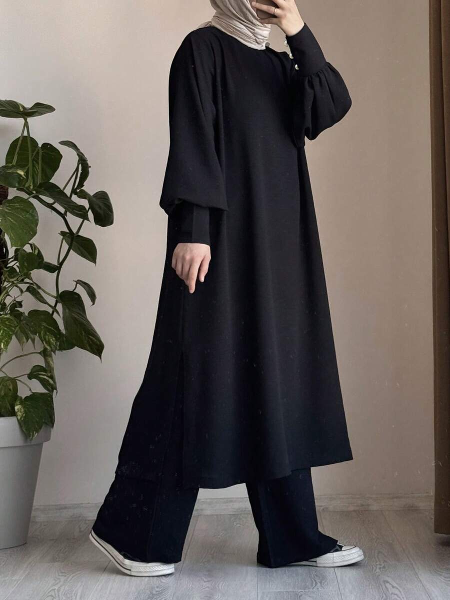 Conjunto de pantalones holgados y blusa de manga farol de cuello redondo en unicolor negro, estilo árabe elegante y modesto para mujer - Negro - Ver 1