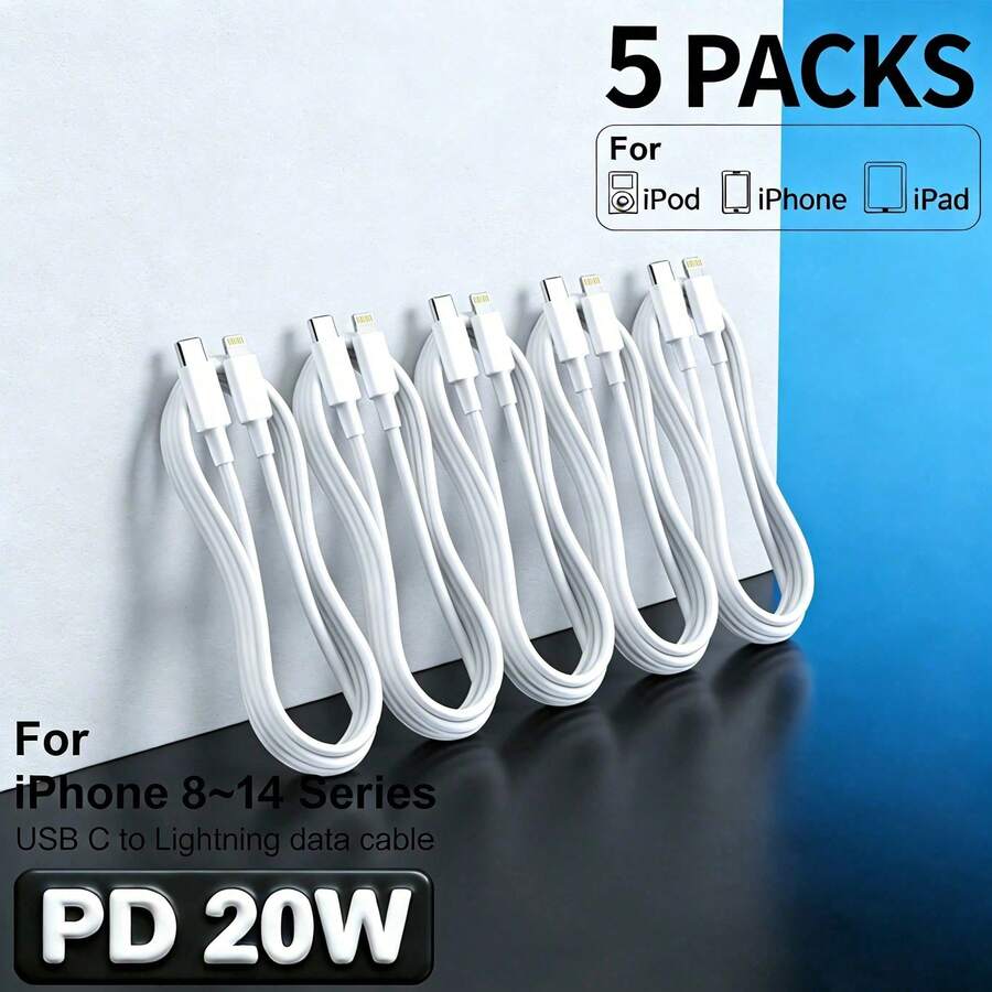 1/3/5条装 PD 20W 快充线 | USB-C 转 Lightning 耐用防弯折线，兼容 iPad/iPod，家居礼品，30 分钟充电 60% - 彩色 - 查看 1