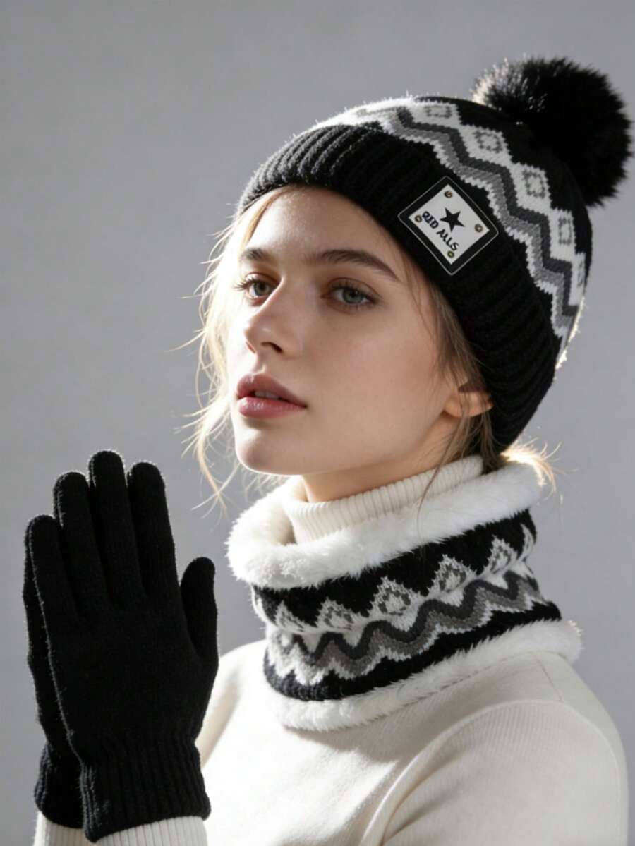 三件套针织帽围巾套装，保暖内衬毛线帽和围脖，冬季休闲羊毛防风配饰，适合作为节日礼物 - 彩色 - 查看 1