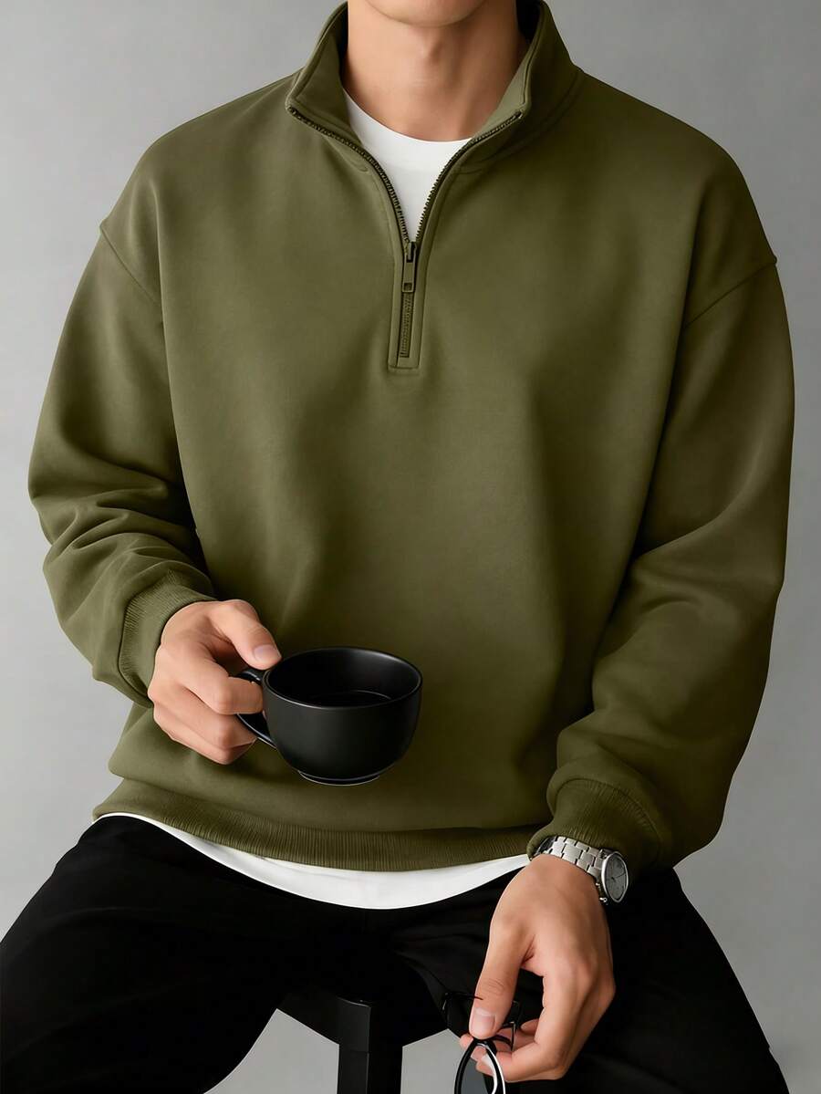 Men's Stand Collar Zipper Half Placket Casual Versatile Commute Autumn/Winter Long Sleeve Sweatshirt - Dark Green - View 1
