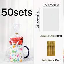50套平底转角加工袋，透明玻璃纸礼品袋，带打结绳，适合包装派对、万圣节、圣诞节和感恩节的小礼物 - 無色 - 查看 3
