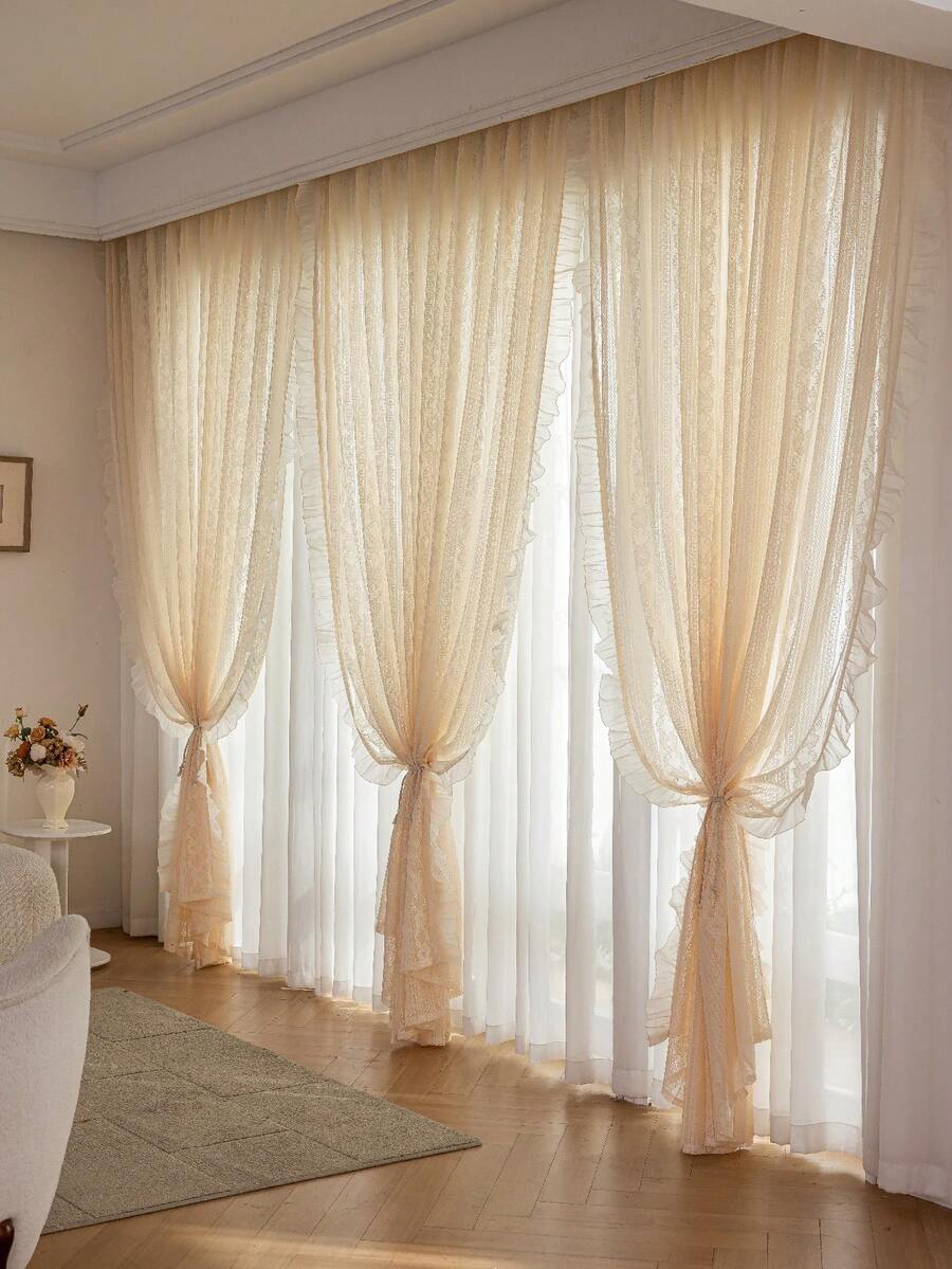 1件绿色波西米亚风镂空方格荷叶边流苏窗帘杆袋式薄纱窗帘，现代简约时尚窗帘杆装饰，隔热遮光，四季皆宜 - 米色 - 查看 1