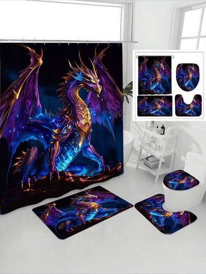 1 Set/4 Pcs Vintage Wild Animal Forest Deer Shower Curtain Set, Modern Art Waterproof Shower Curtain With Wild Beast Leopard Animal Pattern, Non-Slip Bathroom Mat, U-Shaped Toilet Mat, Toilet Seat Cover, Shower Decor Accessories