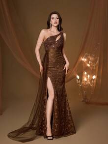 Đầm dạ hội cao cấp Ambrosia Kate trễ vai, thêu ren, đính ngọc trai, họa tiết sọc xuyên tâm, cổ xẻ tà, thích hợp cho các buổi dạ hội, đám cưới, tiệc tùng, váy dự tiệc cưới mùa xuân. - Cà phê nâu - Xem 3