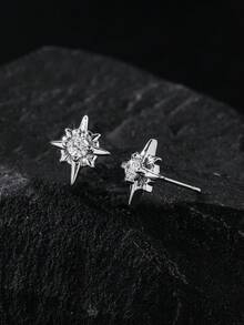 1 Pair Starburst, North Star Stud Earrings, Minimalist Chain Earrings, Unisex Edgy Punk Earrings, Versatile Accessory For Stylish Outfit - Silver - View 2
