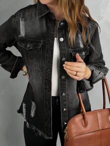 Plus Size Women Casual Distressed Frayed Denim Jacket - Black - View 6