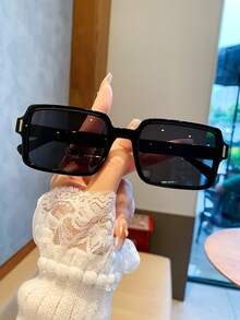 Retro Rectangular Black Fashion Glasses, Plastic Frame, Casual Decoration, Unisex Daily Wear - Black - View 2