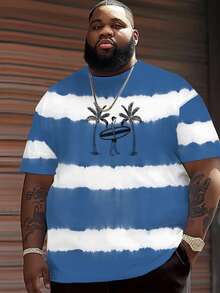 Plus Size Men's Fashionable White & Striped Ombre Print Short Sleeve T-Shirt, Casual Contrast Color Tee With Palm Tree Logo, Versatile For Daily Wear And Workout, Summer - Multicolor - View 5