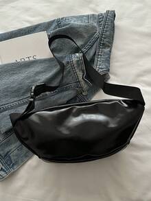 纯色PU大容量斜挎包/腰包，男女通用，适合大学/学校、通勤/办公、节日/假期/聚会/旅行等场合。专为女性、职场新人、白领、年轻女孩和大学生设计。 - 黑色 - 查看 5