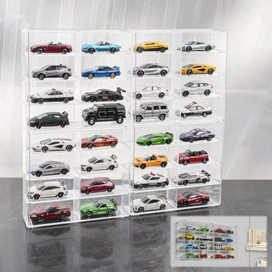 Display Case For 32 Hot WheelsMatchbox Cars Display Case Wall Mount Transparent Storage Case For 1/64 Diecast Cars Wall Hanging Stackable Clear Dustproof - Clear - View 1
