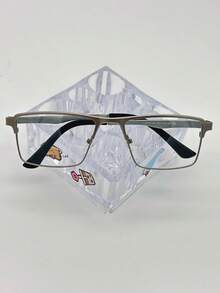1 par de gafas de hombre con marco geométrico estrecho de metal 2194 de acero inoxidable plateado, con lentes transparentes, que bloquean la luz azul, adecuadas para el uso diario,   Ninguno - Plateado - Ver 3